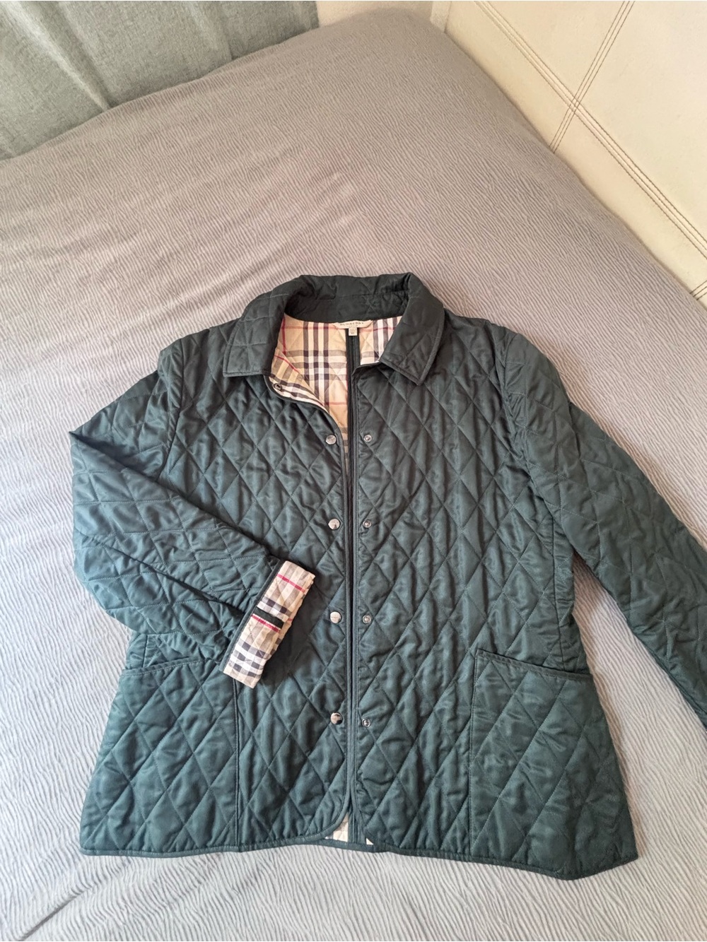 Burberry Forest Green Quilted Utility Jacket with Check Trim